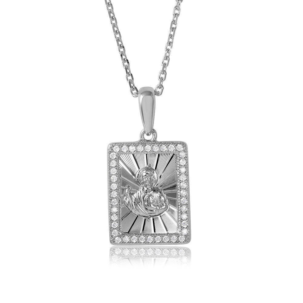 Sterling Silver Rhodium Plated Rectangle CZ Jesus Medallion with Chain