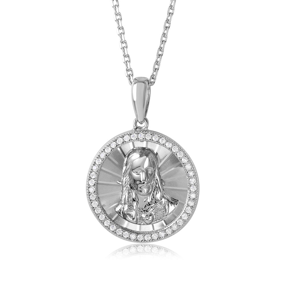Sterling Silver Rhodium Plated Diamond Cut CZ Jesus Medallion with Chain