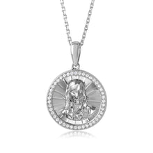 Load image into Gallery viewer, Sterling Silver Rhodium Plated Diamond Cut CZ Jesus Medallion with Chain