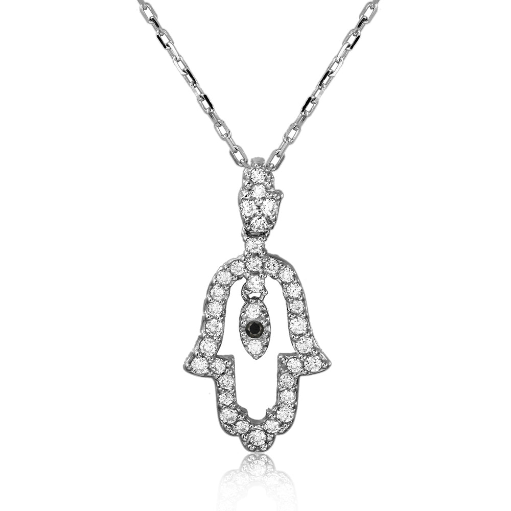 Sterling Silver Rhodium Plated Open Hamsa CZ Necklace