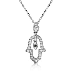 Sterling Silver Rhodium Plated Open Hamsa CZ Necklace