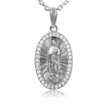 Sterling Silver Rhodium Plated Oval CZ Frame Medallion with Chain