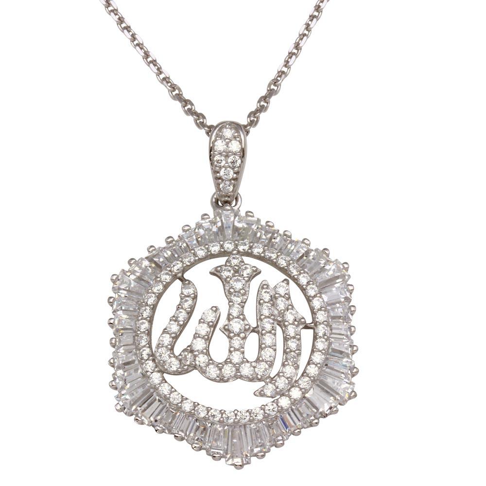 Sterling Silver Rhodium Plated Allah Necklace with CZ Necklace