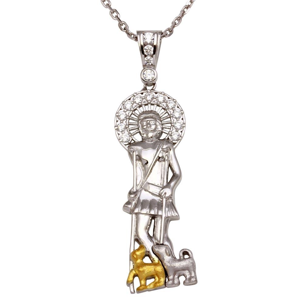 Sterling Silver Two-Toned Saint Lazarus Pendant Necklace with CZ
