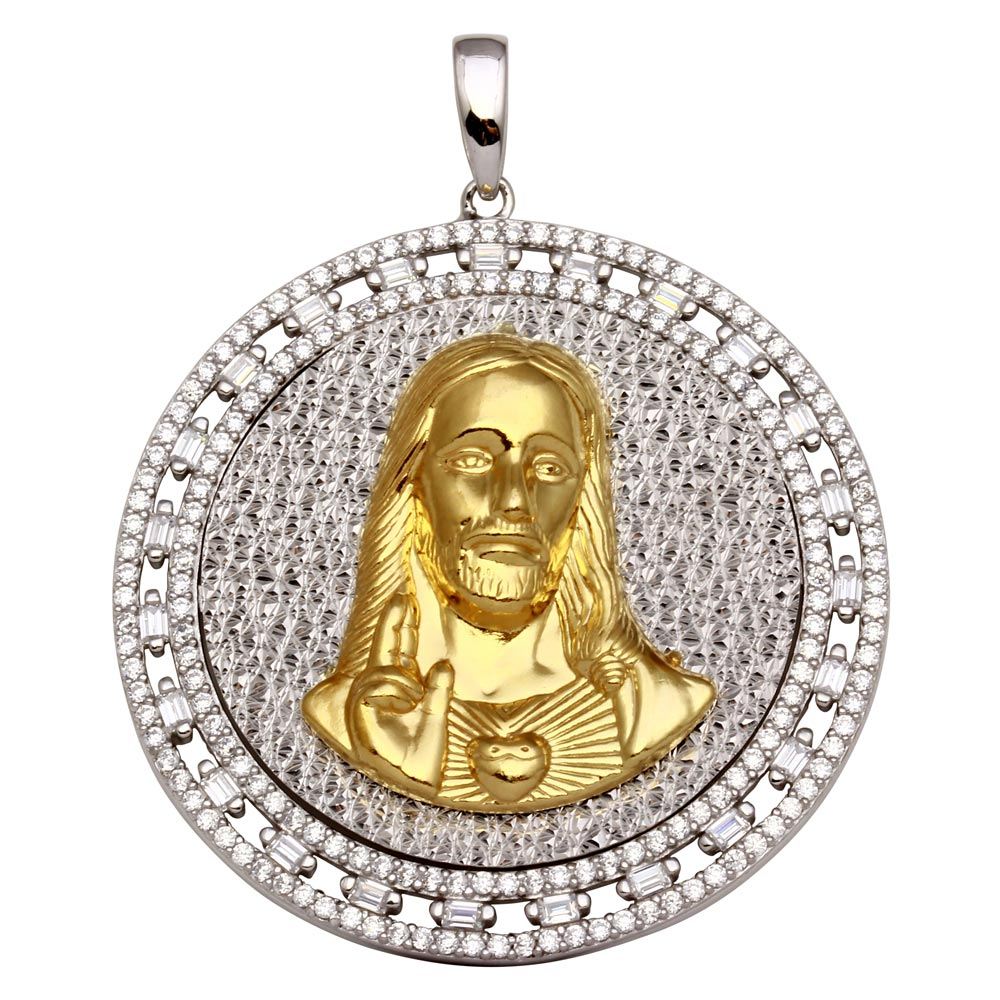 Sterling Silver Two-Toned Round Jesus Pendant Necklace Pendant