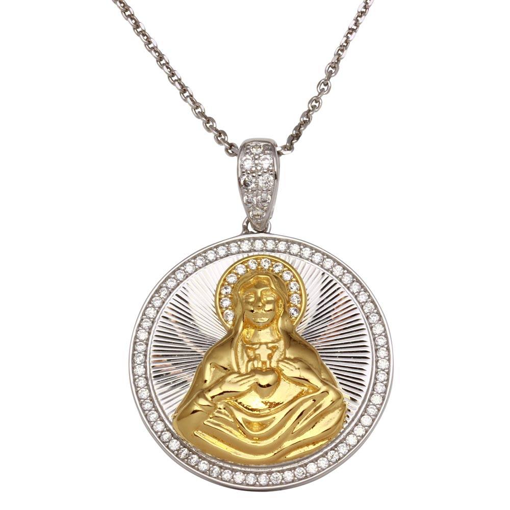 Sterling Silver Two-Toned Round Virgin Mary Pendant Necklace with CZ