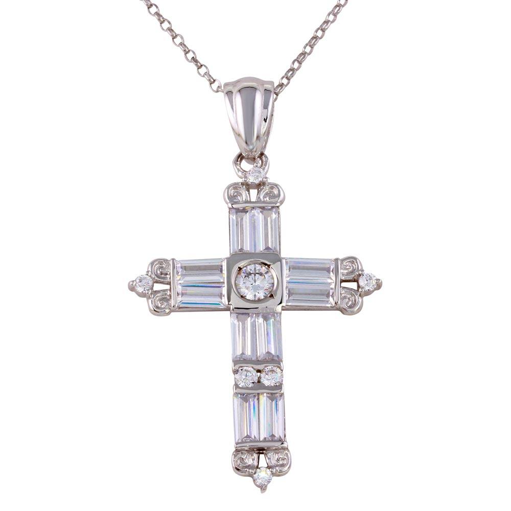 Sterling Silver Rhodium Plated CZ Cross Necklace
