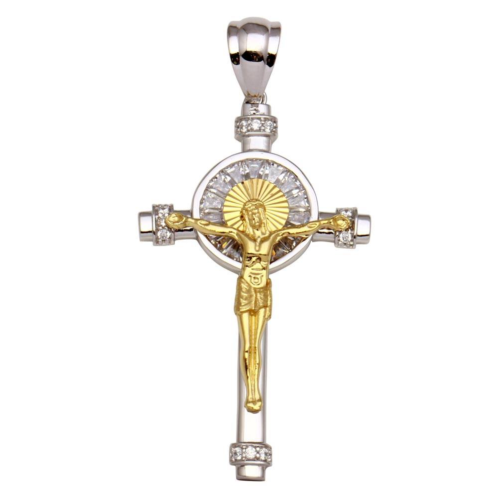 Sterling Silver Two-Toned Crucifix Pendant with CZ Pendant