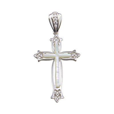 Sterling Silver Rhodium Plated MOP CZ Fleury Cross Pendant