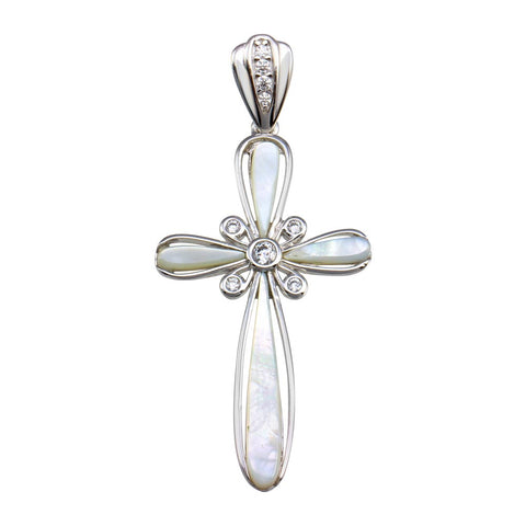 Sterling Silver Rhodium Plated MOP CZ Flower Center Cross Pendant