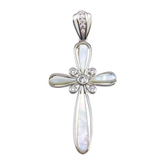 Sterling Silver Rhodium Plated MOP CZ Flower Center Cross Pendant
