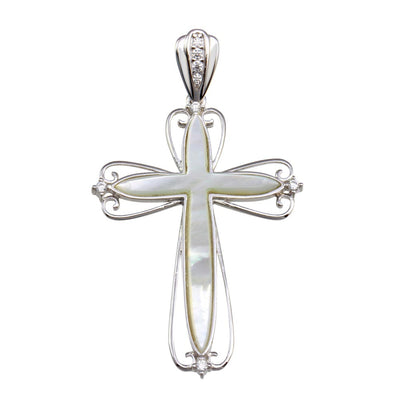 Sterling Silver Rhodium Plated MOP CZ Cross Pendant