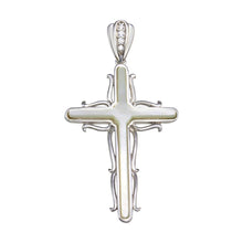 Load image into Gallery viewer, Sterling Silver Rhodium Plated MOP CZ Cross Wave Side Pendant