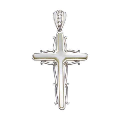 Sterling Silver Rhodium Plated MOP CZ Cross Wave Side Pendant