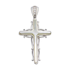 Sterling Silver Rhodium Plated MOP CZ Cross Wave Side Pendant