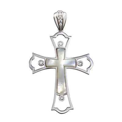 Sterling Silver Rhodium Plated MOP CZ Cross Pendant