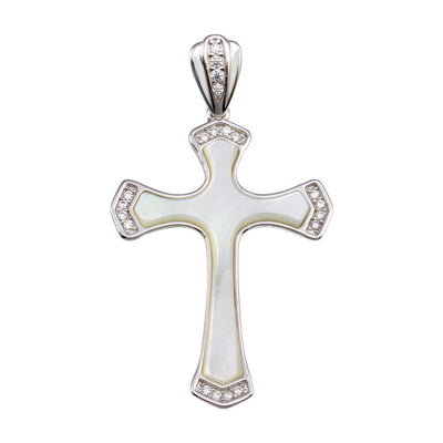 Sterling Silver Rhodium Plated MOP CZ Corner Cross Pendant