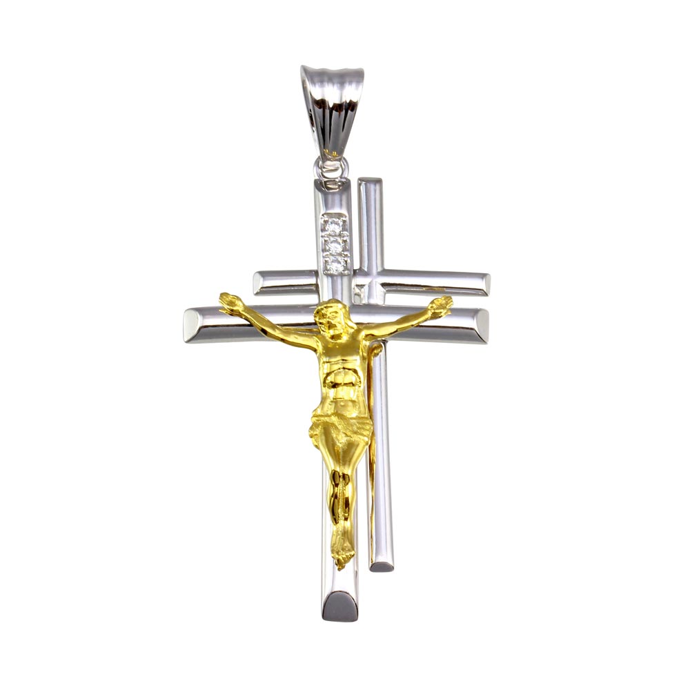 Sterling Silver Two Toned Plated Double Cross Pendant