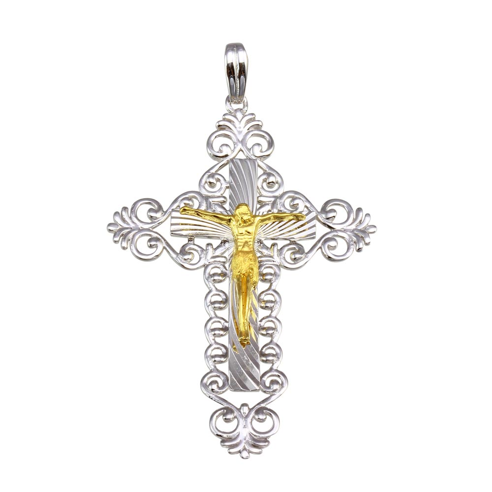 Sterling Silver Two Toned Plated Double Cross Pendant