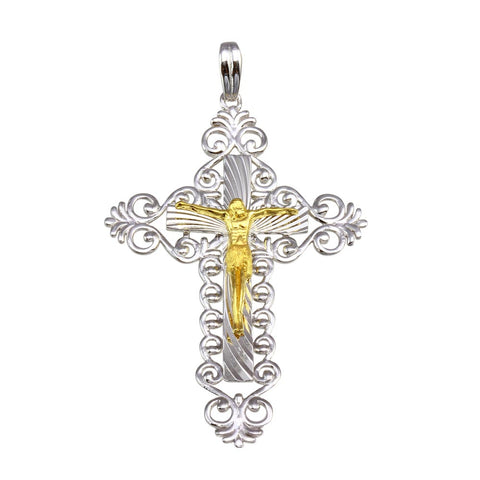 Sterling Silver Two Toned Plated Double Cross Pendant
