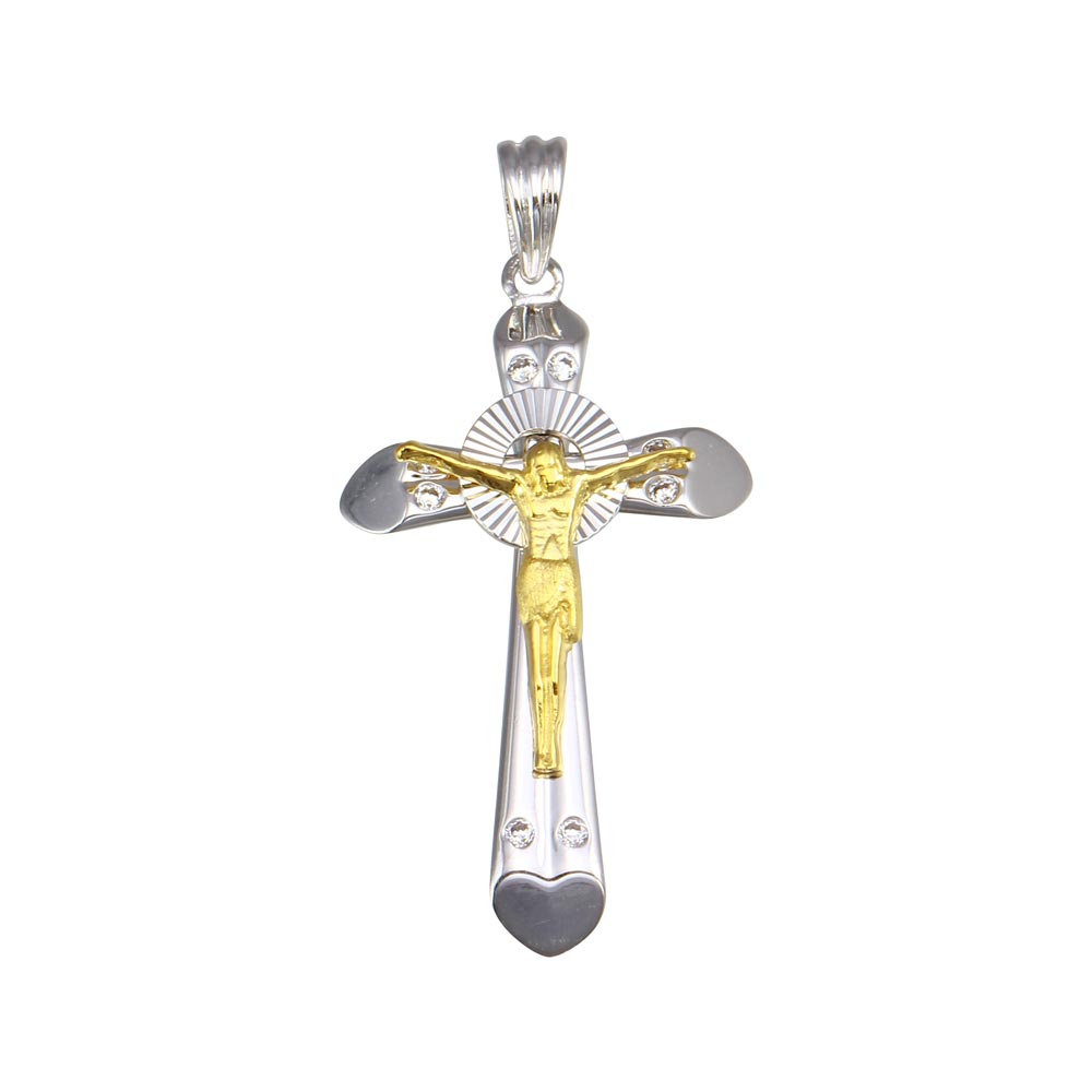 Sterling Silver Two Toned Plated Heart Edge CrossPendant