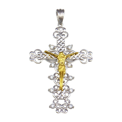 Sterling Silver Two Toned Plated CZ Cross Pendant