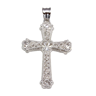Sterling Silver Rhodium Plated Heart Center Cross Pendant