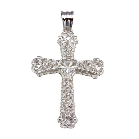 Sterling Silver Rhodium Plated Heart Center Cross Pendant