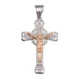Sterling Silver Two Toned Plated Heart Center CZ Cross Pendant