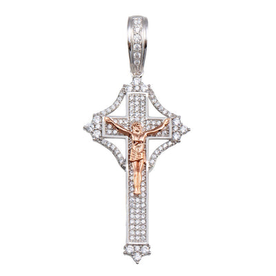 Sterling Silver Two Toned Plated Center CZ Cross Pendant