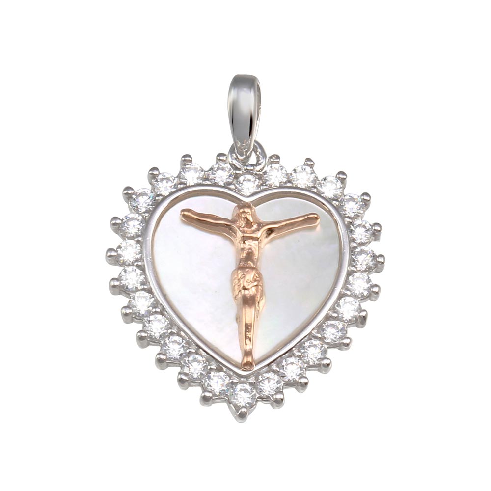 Sterling Silver Synthetic MOP Two-Toned Crucifix Heart Medallion Pendant