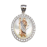 Sterling Silver Synthetic MOP Two-Toned St. Jude Oval Medallion Pendant