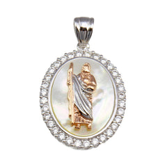 Sterling Silver Synthetic MOP Two-Toned St. Jude Oval Medallion Pendant