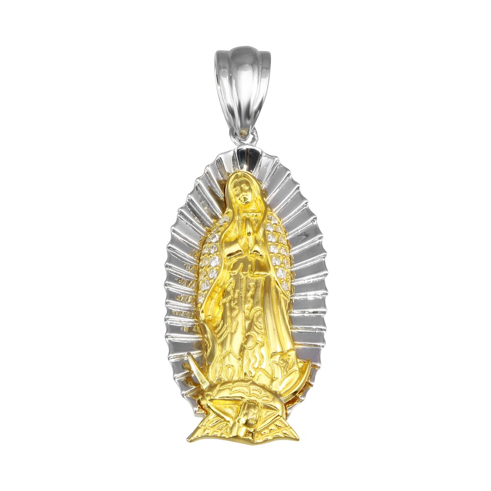 Sterling Silver Two Toned Plated Lady of Guadalupe CZ Pendant