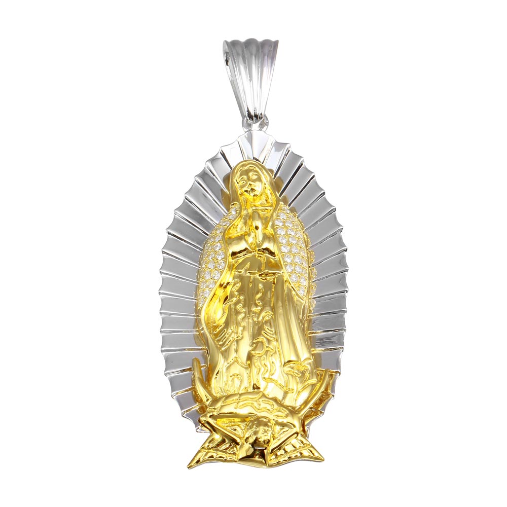 Sterling Silver Two Toned Plated Lady of Guadalupe CZ Pendant