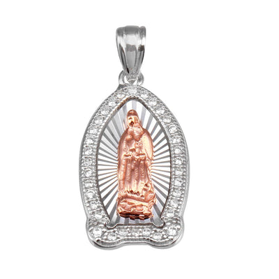 Sterling Silver Two Toned Plated Lady of Guadalupe CZ Pendant