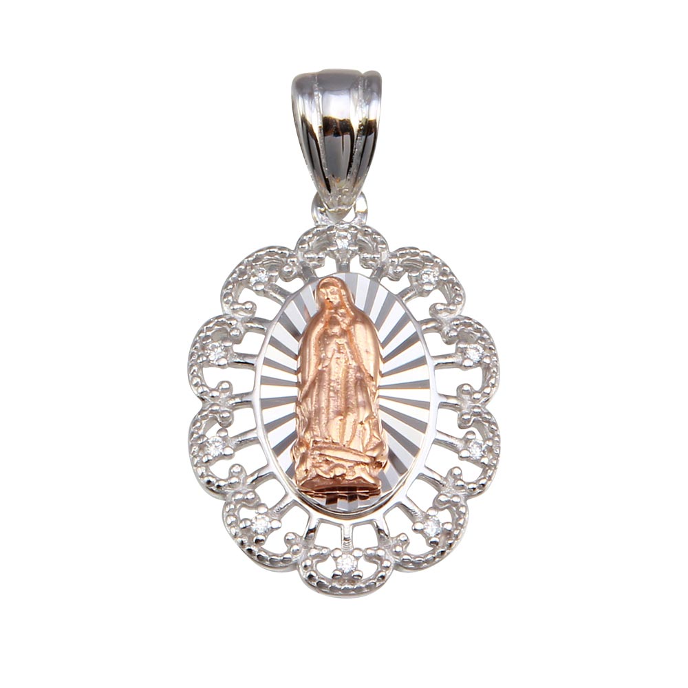 Sterling Silver Two Toned Plated Lady of Guadalupe Flower CZ Pendant