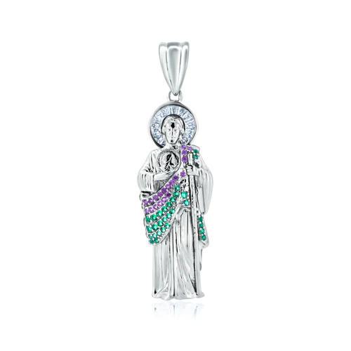 Sterling Silver Rhodium Plated Red And Green CZ St Jude Pendant
