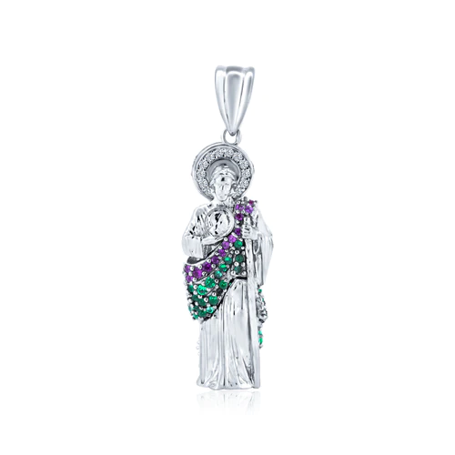 Sterling Silver Rhodium Plated Three Dimensional Red And Green CZ St Jude Pendant
