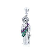 Load image into Gallery viewer, Sterling Silver Rhodium Plated Three Dimensional Red And Green CZ St Jude Pendant
