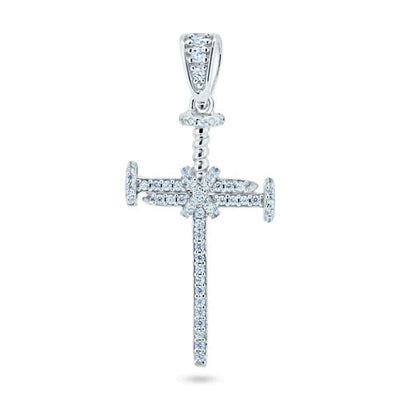 Sterling Silver Rhodium Plated CZ Small Nail Cross Pendant