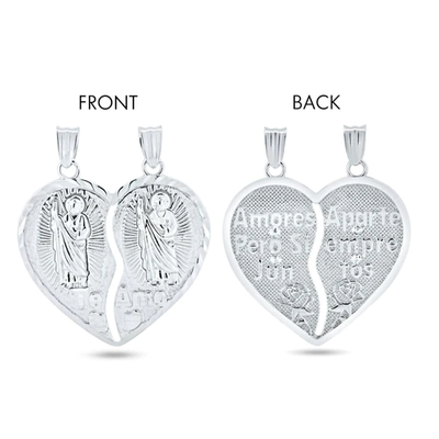 Sterling Silver Rhodium Plated Diamond Cut Broken Heart St. Jude Design With Latin Words Pendant