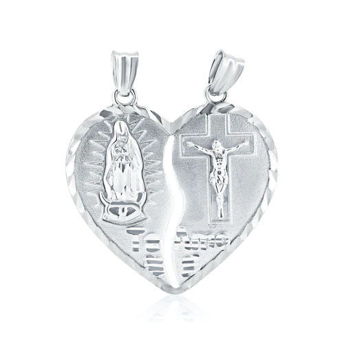 Sterling Silver Rhodium Plated Unbreakable Love Three Dimensional Guadalupe And Cross Heart Pendamt