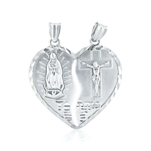 Load image into Gallery viewer, Sterling Silver Rhodium Plated Unbreakable Love Three Dimensional Guadalupe And Cross Heart Pendamt