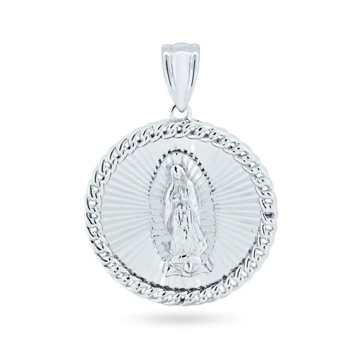 Sterling Silver Rhodium Plated CZ Lady Of Guadalupe Medallion Pendant