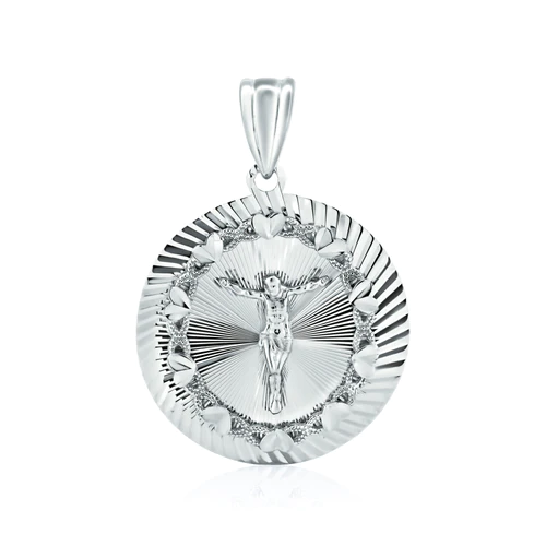 Sterling Silver Rhodium Plated Diamond Cut Crucifix Round Pendant