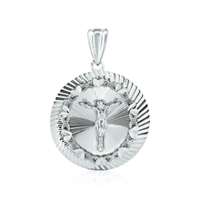 Load image into Gallery viewer, Sterling Silver Rhodium Plated Diamond Cut Crucifix Round Pendant