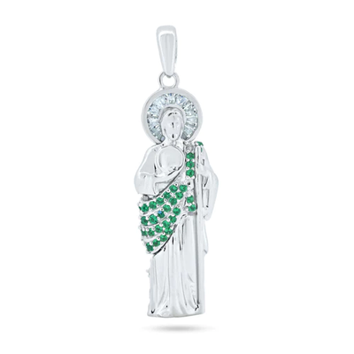 Sterling Silver Rhodium Plated Green CZ St Jude Pendant
