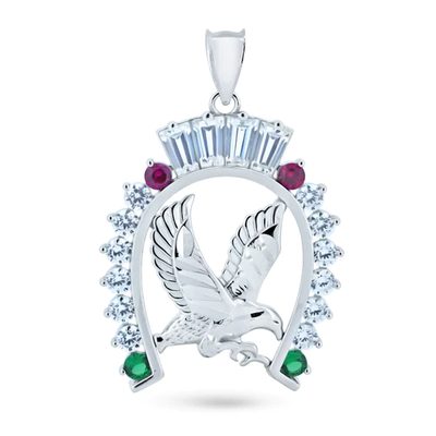 Sterling Silver Rhodium Plated CZ Horse Shoe Eagle Center Pendant