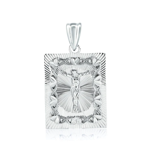 Sterling Silver Rhodium Plated Diamond Cut Crucifix Square Pendant
